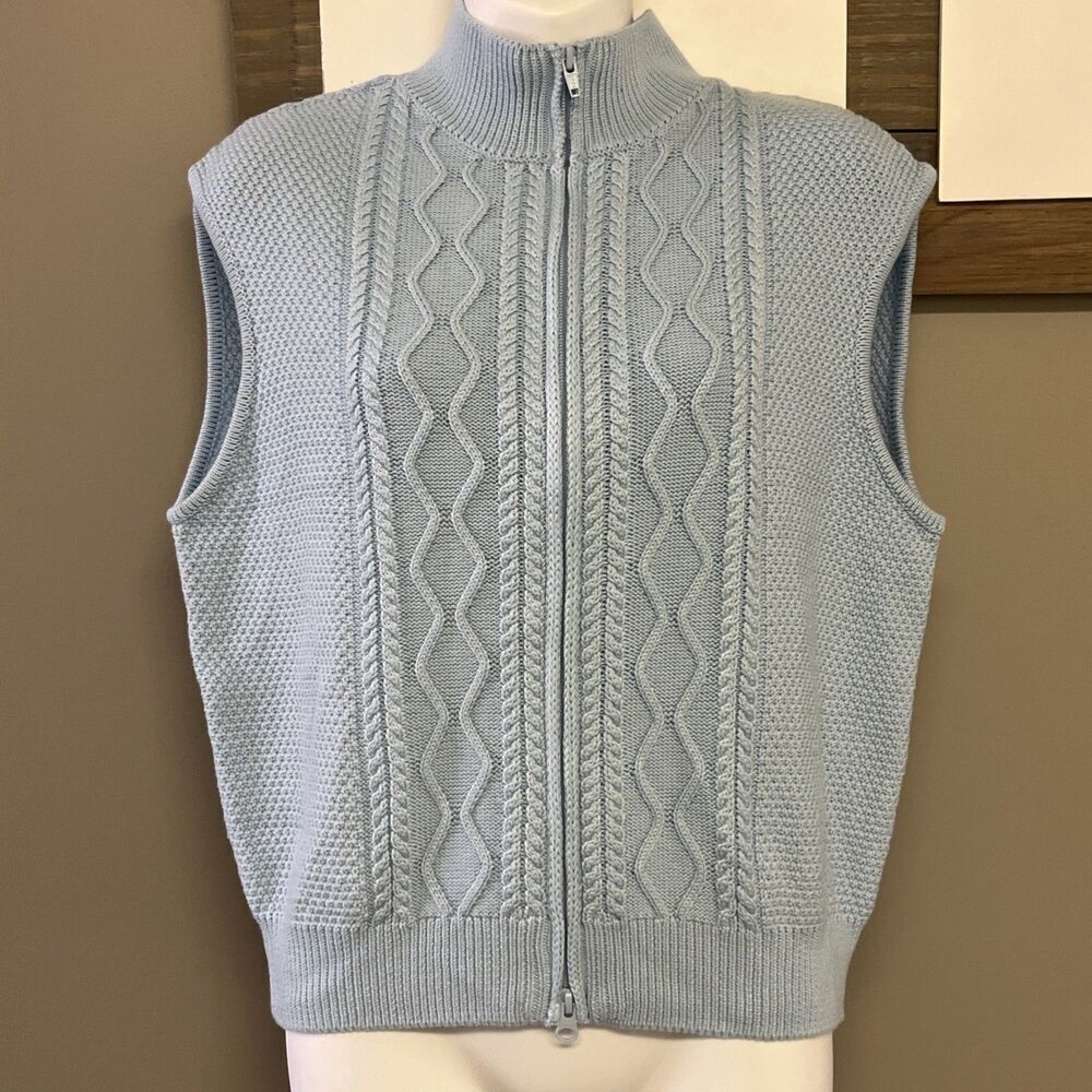 Lilihammer Women’s Golf Baby Blue Full Zip Up Cable Knit Sweater Vest- Large